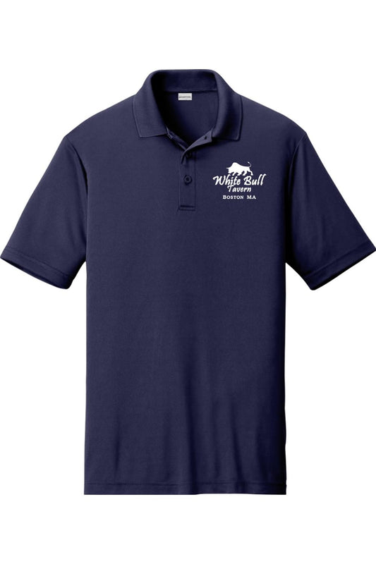 Navy blue moisture-wicking men's polo shirt with a white embroidered White Bull Tavern logo on the chest.