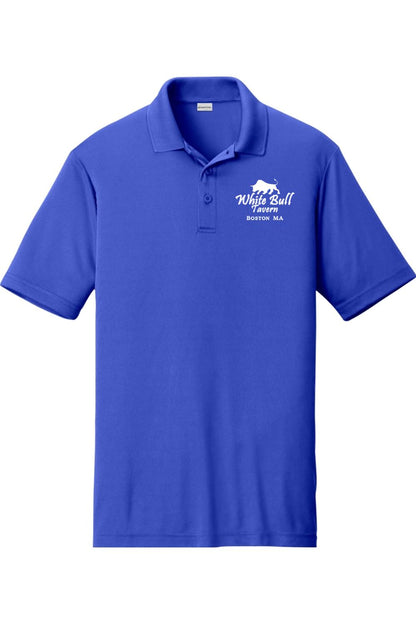 Royal blue moisture-wicking men's polo shirt with a flat knit collar and white White Bull Tavern logo embroidery.
