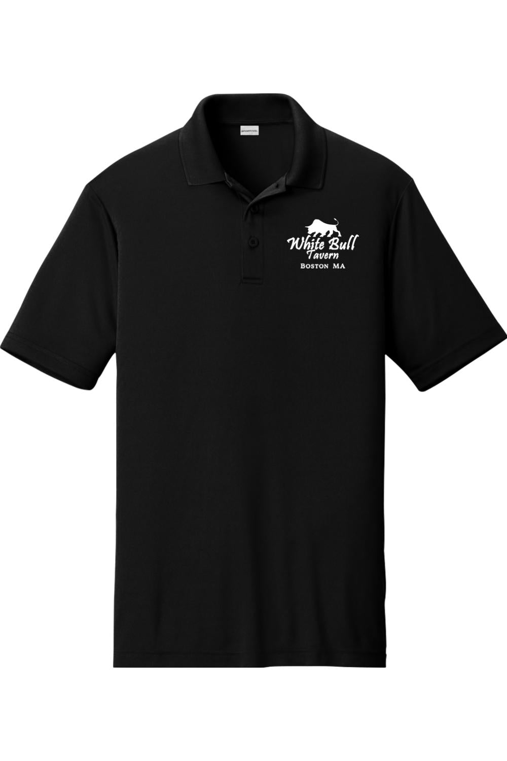 Black moisture-wicking men's polo shirt with a white White Bull Tavern Boston MA logo embroidered on the chest.