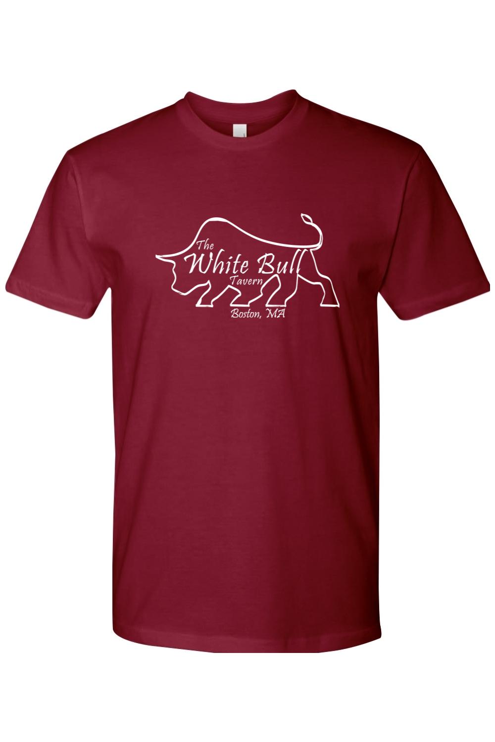 Maroon cotton unisex t-shirt featuring a white line-art bull logo and The White Bull Tavern Boston, MA text.