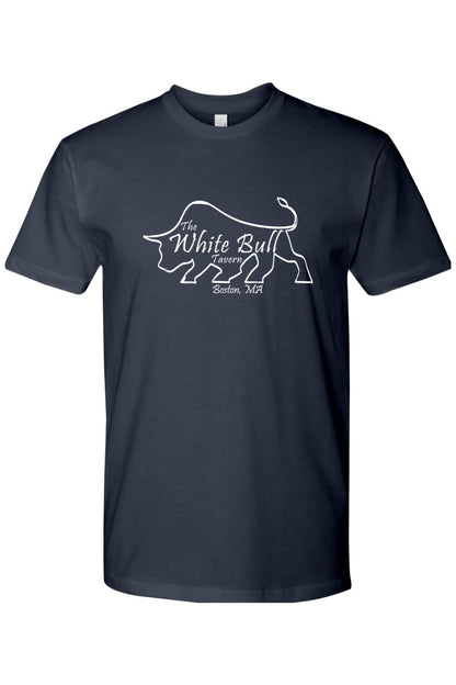 Navy blue cotton crew neck t-shirt featuring a white line-art bull logo and The White Bull Tavern Boston text.