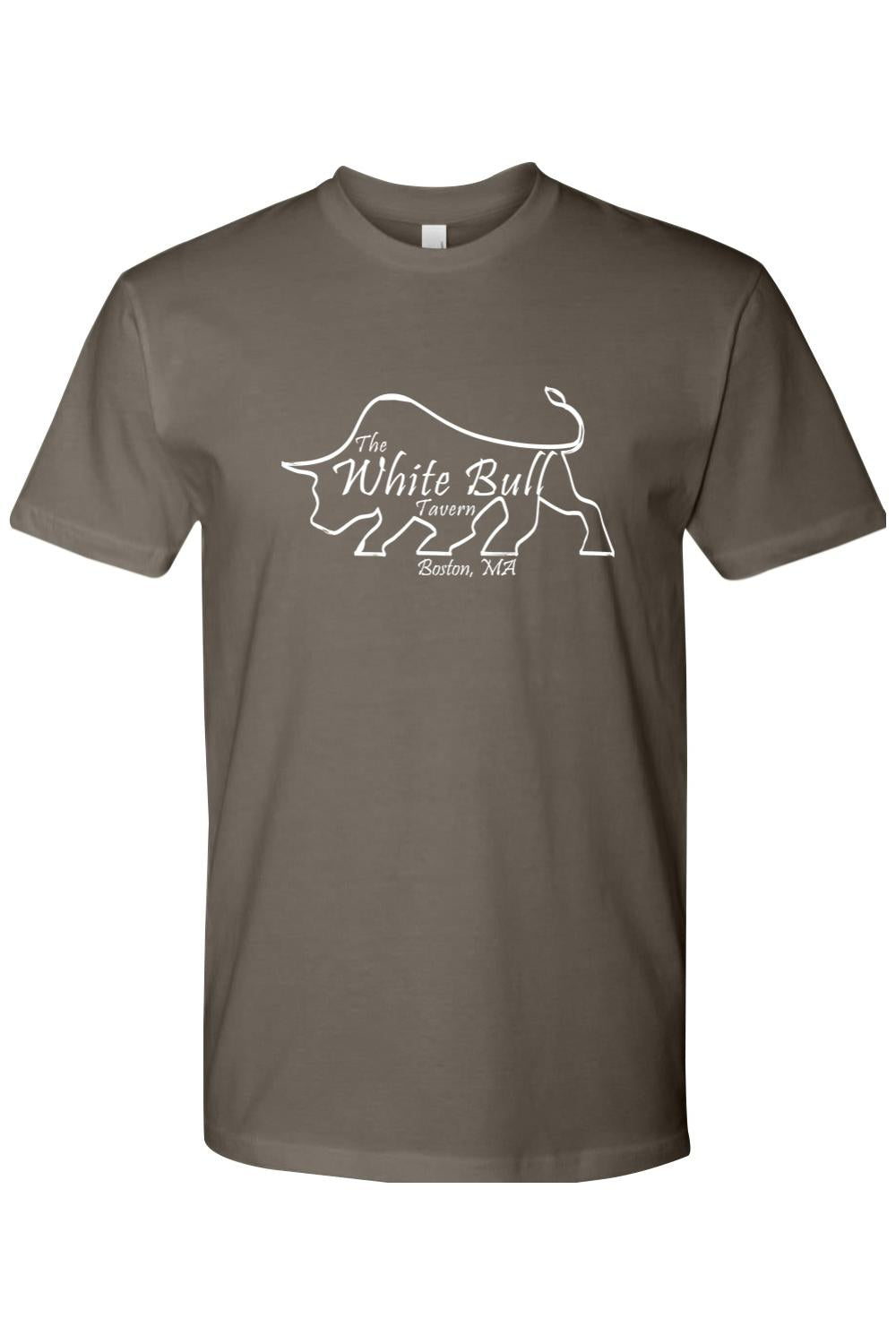 Brown cotton crew neck t-shirt featuring a white line-art bull logo with The White Bull Tavern Boston, MA text.