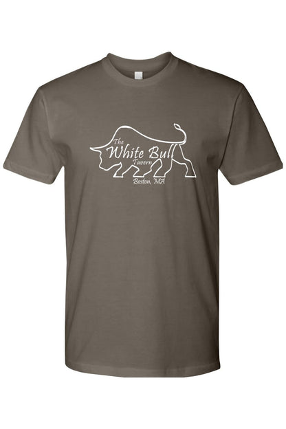 Brown cotton crew neck t-shirt featuring a white line-art bull logo with The White Bull Tavern Boston, MA text.