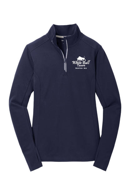 Navy blue women's 1/4-zip textured pullover with White Bull Tavern logo, silver zipper tape, and thumbhole cuffs.