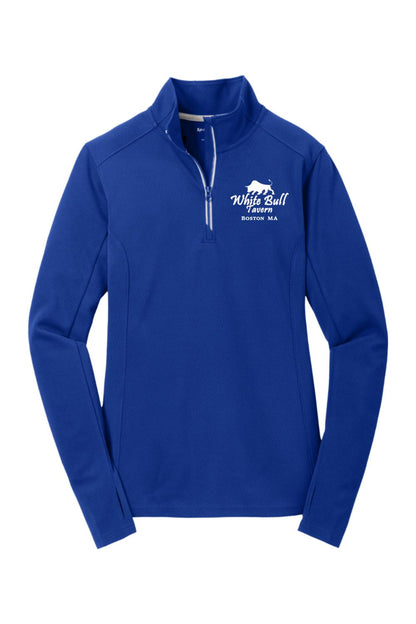 Royal blue textured 1/4-zip pullover with White Bull Tavern logo, cadet collar, and silver zipper tape.