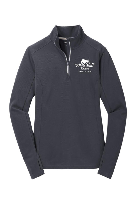 Dark grey women's 1/4-zip pullover with White Bull Tavern logo, textured fabric, and silver zipper tape.