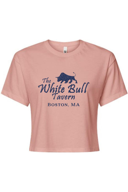 Dusty pink women's crop top with a navy blue The White Bull Tavern Boston, MA graphic print on the front.
