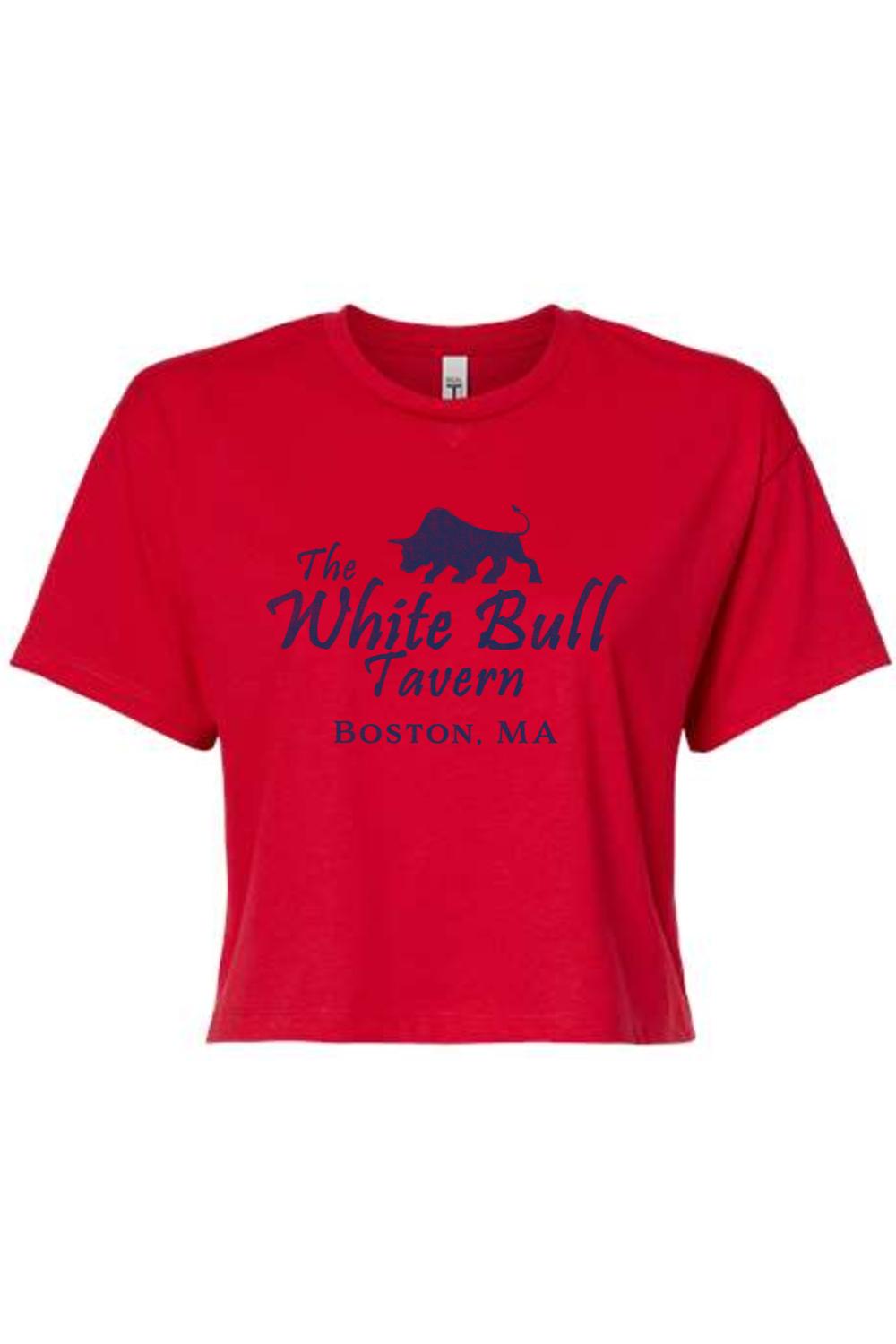 Red women's crop top featuring a navy blue The White Bull Tavern Boston, MA graphic print on the front.