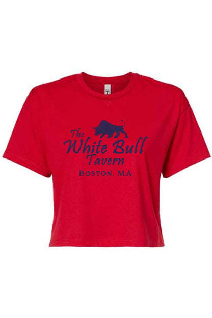 Red women's crop top featuring a navy blue The White Bull Tavern Boston, MA graphic print on the front.