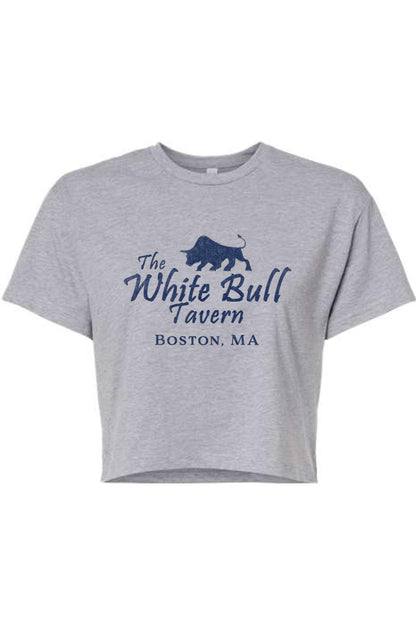Grey women's crop top with a blue The White Bull Tavern Boston, MA graphic print on the front.