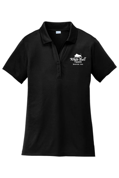 Black women's moisture-wicking polo with White Bull Tavern logo, self-fabric collar, and two-button placket.