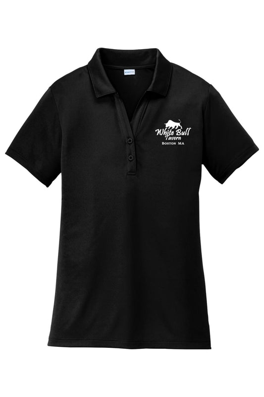 Black women's moisture-wicking polo with White Bull Tavern logo, self-fabric collar, and two-button placket.