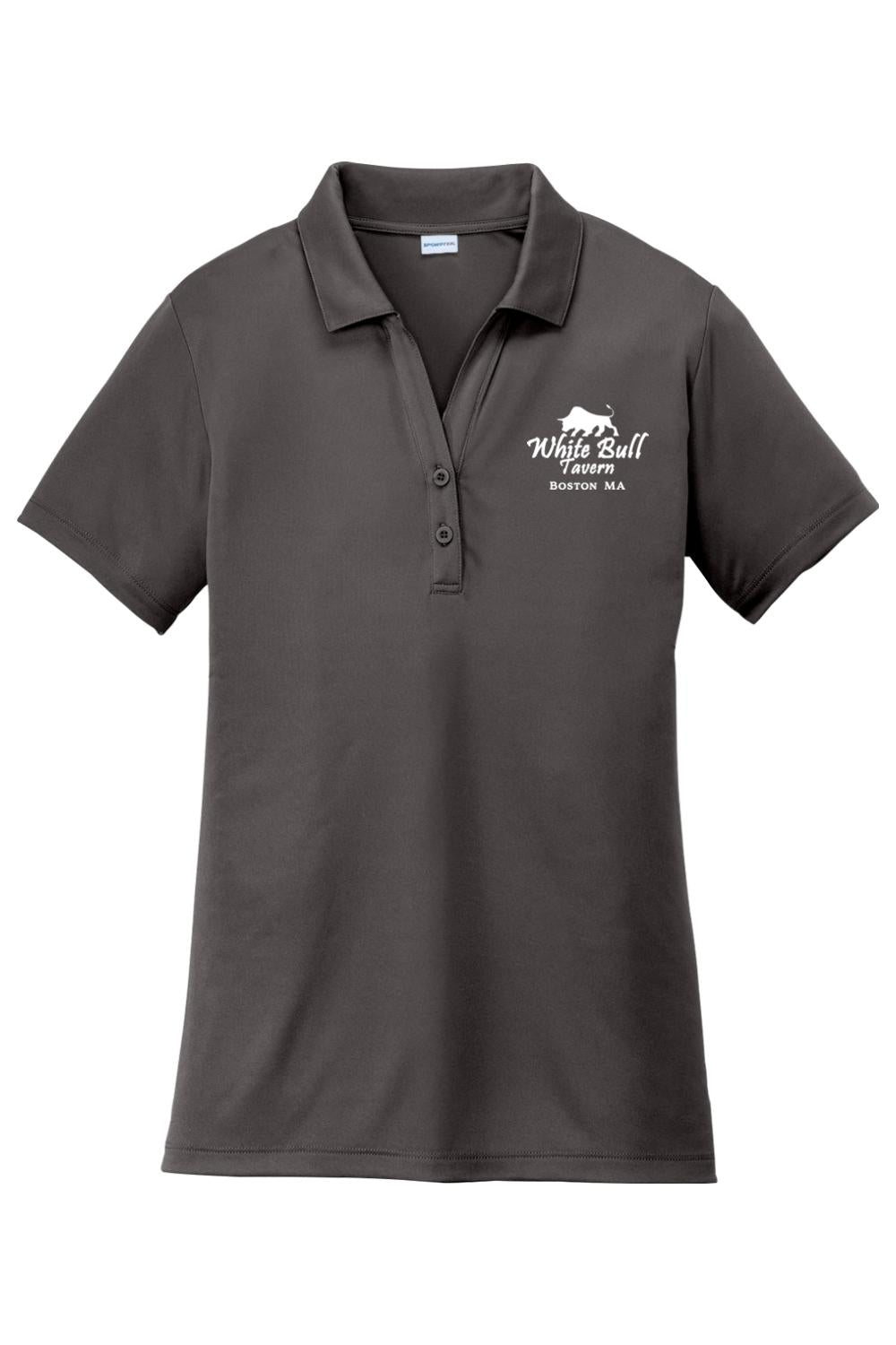 Charcoal grey women's moisture-wicking polo with White Bull Tavern logo, self-fabric collar, and two-button placket.