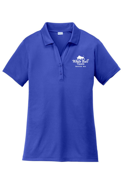 Royal blue women's moisture-wicking polo with a White Bull Tavern logo, self-fabric collar, and two-button placket.