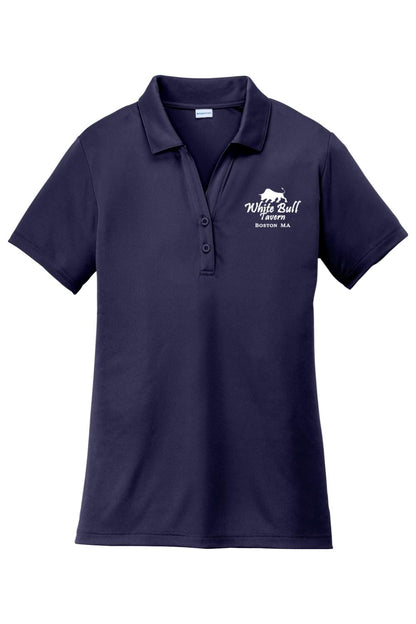 Navy blue women's moisture-wicking polo with White Bull Tavern logo, self-fabric collar, and two-button placket.