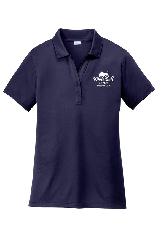 Navy blue women's moisture-wicking polo with White Bull Tavern logo, self-fabric collar, and two-button placket.