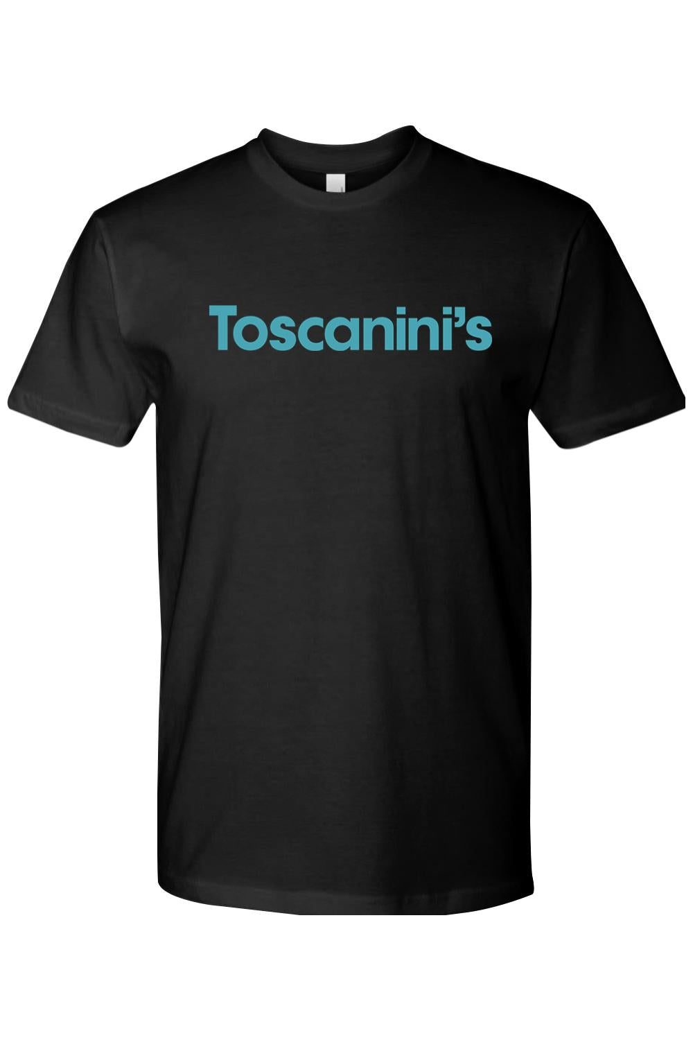 Black 100% cotton unisex T-shirt featuring the Toscanini's logo in light blue text across the chest.