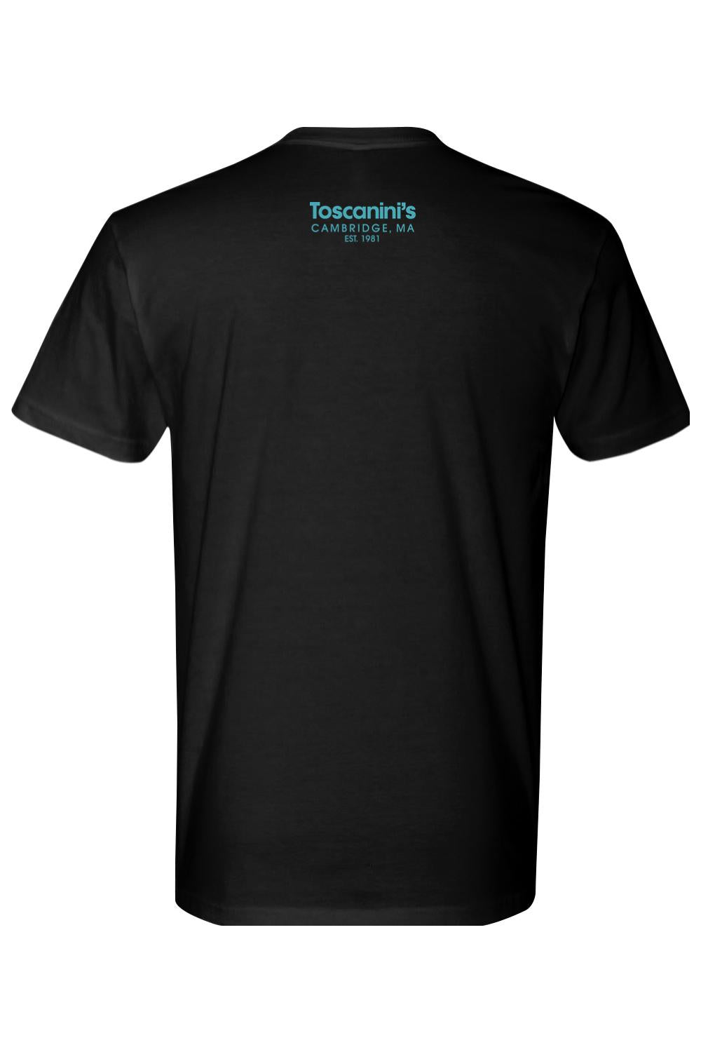 Black 100% cotton unisex t-shirt featuring the blue Toscanini's Cambridge, MA logo on the upper back.