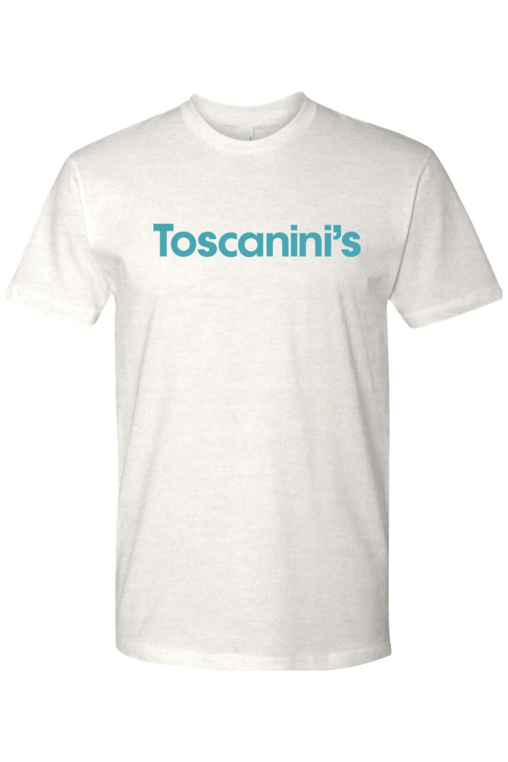 Off-white 100% cotton unisex t-shirt featuring the blue Toscanini's logo printed on the chest.