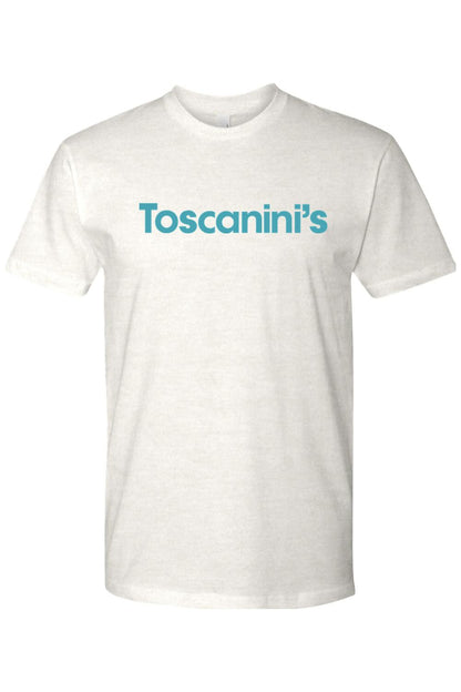 Off-white 100% cotton unisex t-shirt featuring the blue Toscanini's logo printed on the chest.