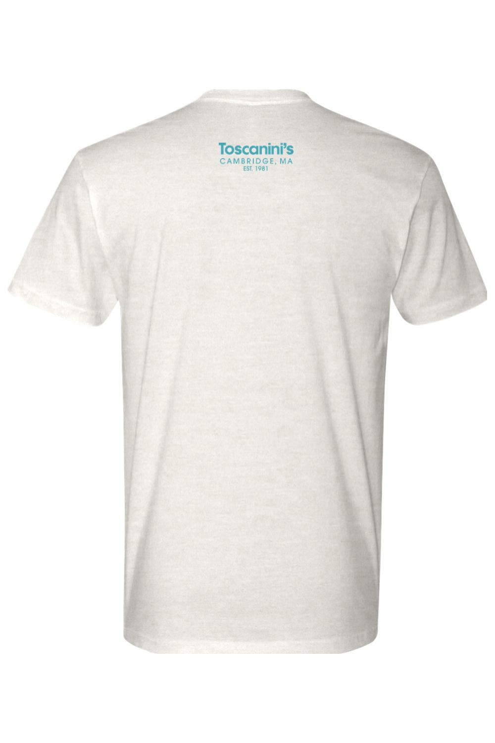 Back view of a white 100% cotton t-shirt featuring the blue Toscanini's Cambridge, MA logo on the upper back.