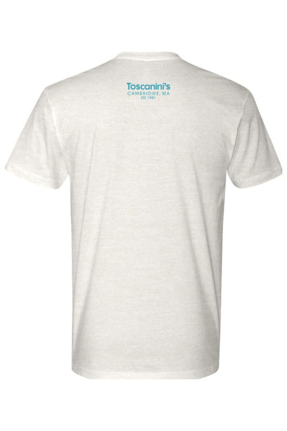 Back view of a white 100% cotton t-shirt featuring the blue Toscanini's Cambridge, MA logo on the upper back.