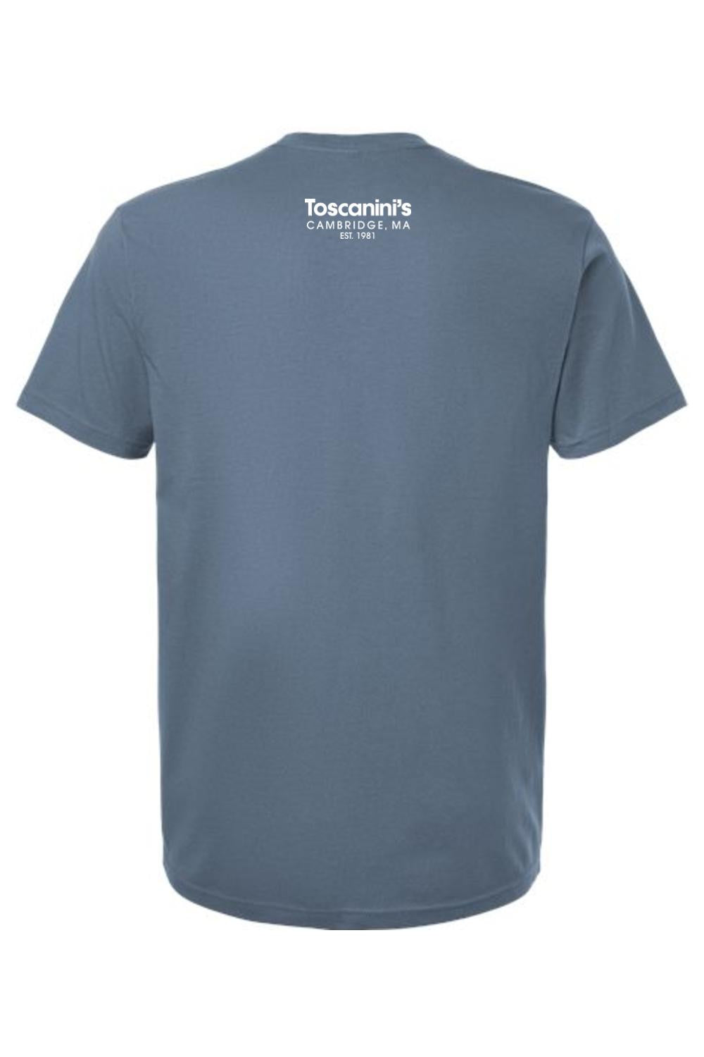 Blue 100% cotton unisex t-shirt featuring the white Toscanini's Cambridge, MA logo on the upper back.