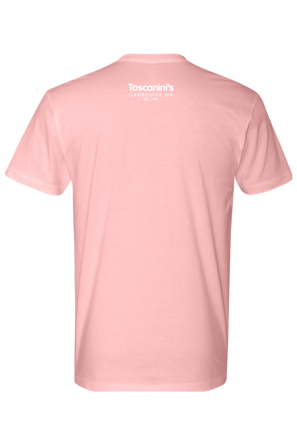 Light pink 100% cotton unisex t-shirt featuring a white Toscanini's Cambridge, MA logo on the upper back.