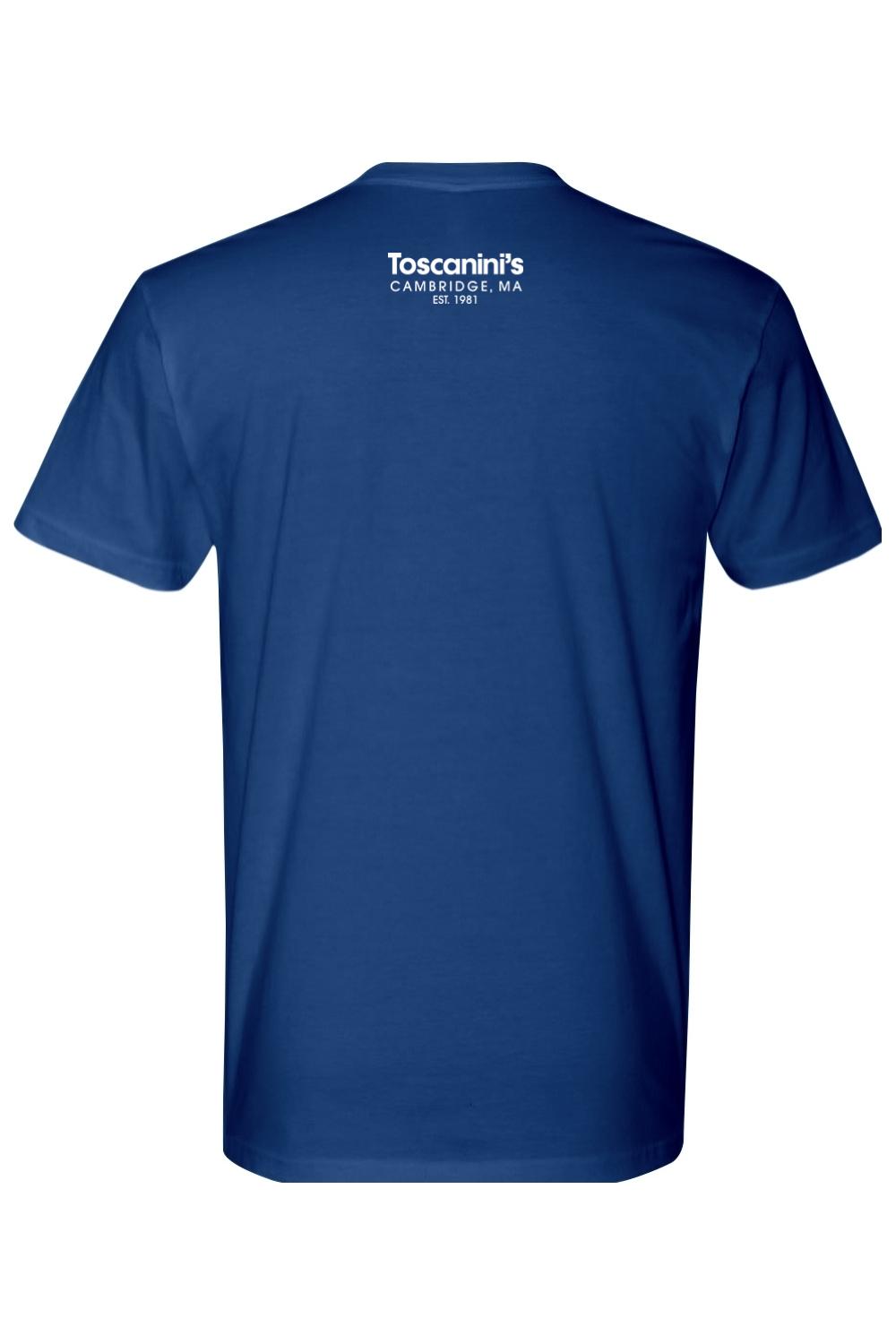 Royal blue 100% cotton t-shirt featuring a white Toscanini's Cambridge logo on the upper back.