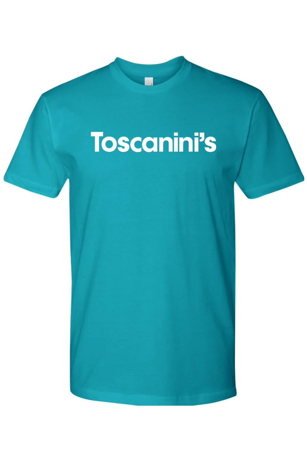 Teal 100% cotton unisex t-shirt featuring the white Toscanini's logo printed on the chest.