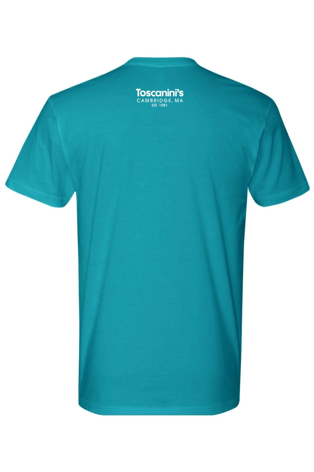 Teal 100% cotton unisex t-shirt featuring the white Toscanini's Cambridge, MA logo printed on the upper back.