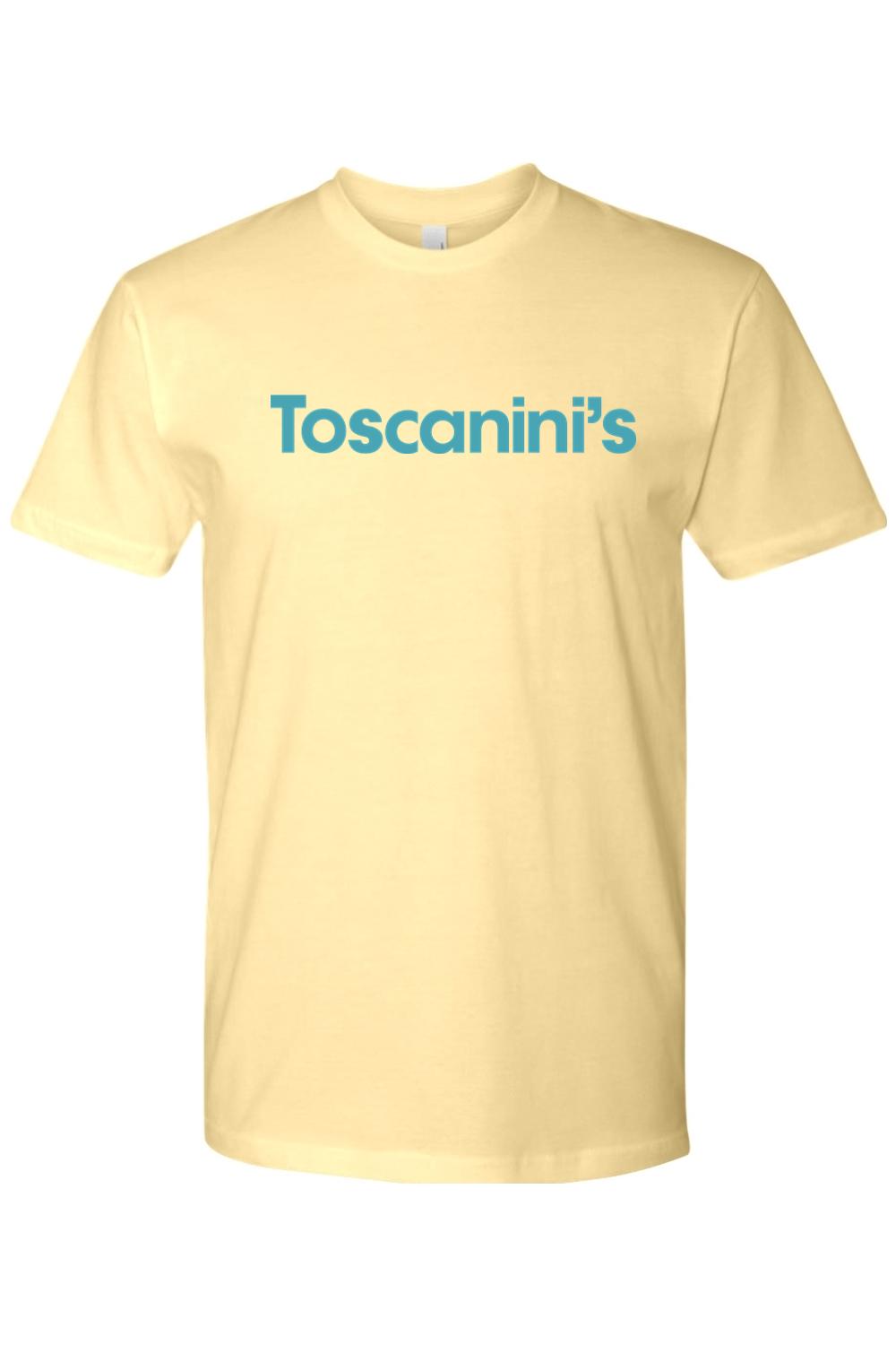 Pale yellow 100% cotton unisex t-shirt featuring the blue Toscanini's logo printed on the chest.