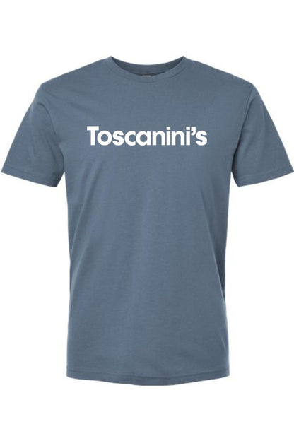 Blue 100% cotton crew neck t-shirt featuring the white Toscanini's logo printed on the chest.