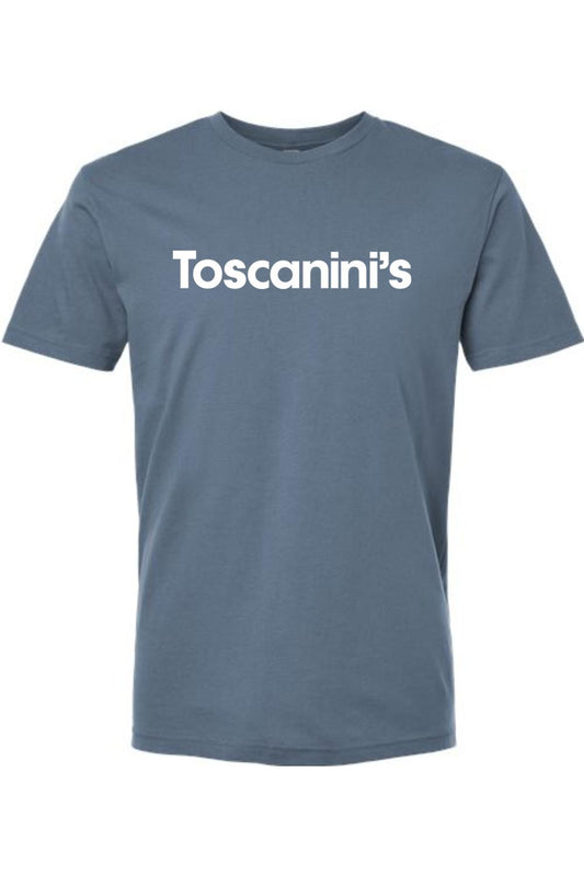 Blue 100% cotton crew neck t-shirt featuring the white Toscanini's logo printed on the chest.