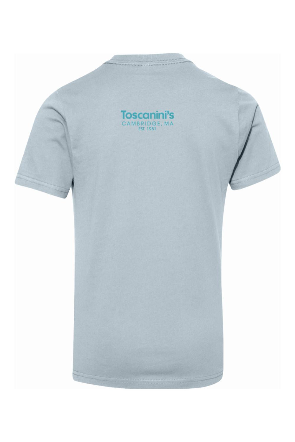 Light blue 100% cotton youth T-shirt featuring the Toscanini's Cambridge logo printed on the back.