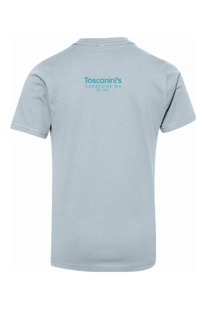 Light blue 100% cotton youth T-shirt featuring the Toscanini's Cambridge logo printed on the back.
