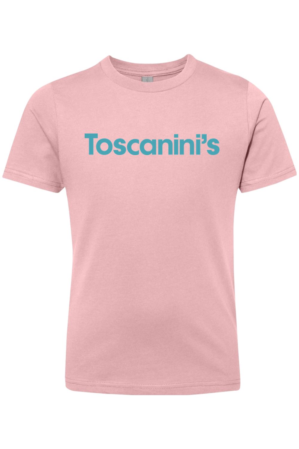 Soft pink youth cotton t-shirt featuring the Toscanini's logo in teal blue text across the chest.