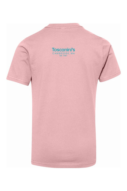 Dusty pink youth cotton t-shirt featuring the blue Toscanini's Cambridge, MA logo on the upper back.