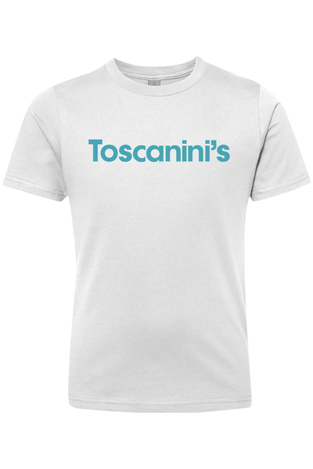 White 100% cotton youth t-shirt featuring the Toscanini's logo in teal blue text on the chest.
