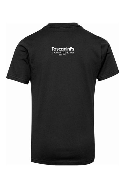 Black 100% cotton youth T-shirt featuring the white Toscanini's Cambridge, MA logo on the upper back.