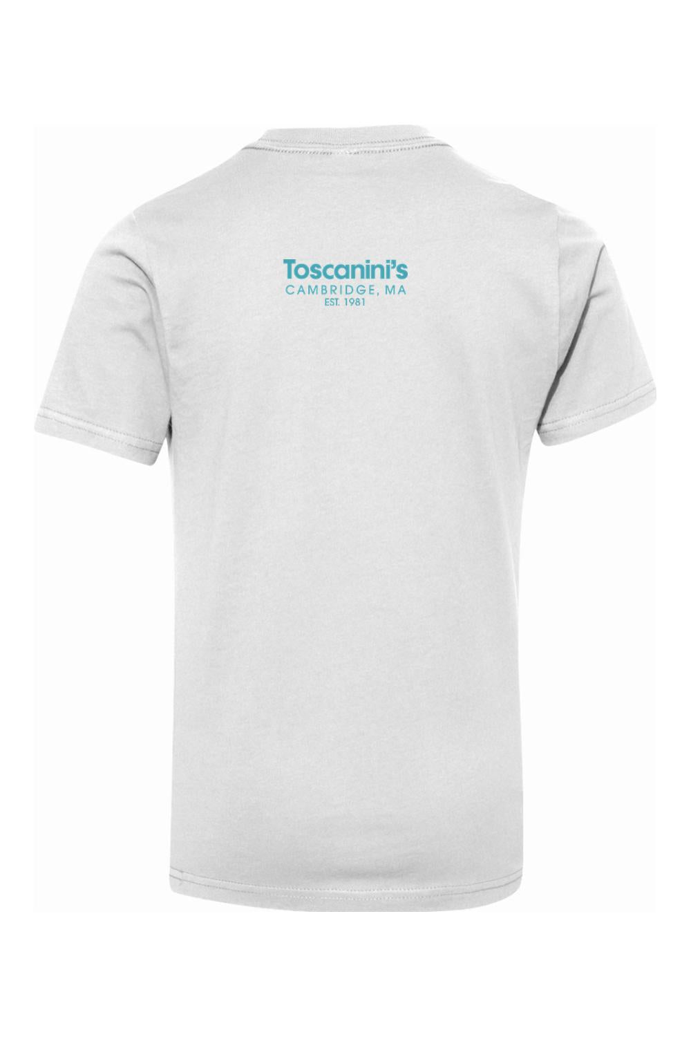 White youth cotton t-shirt featuring the blue Toscanini's Cambridge logo on the back.