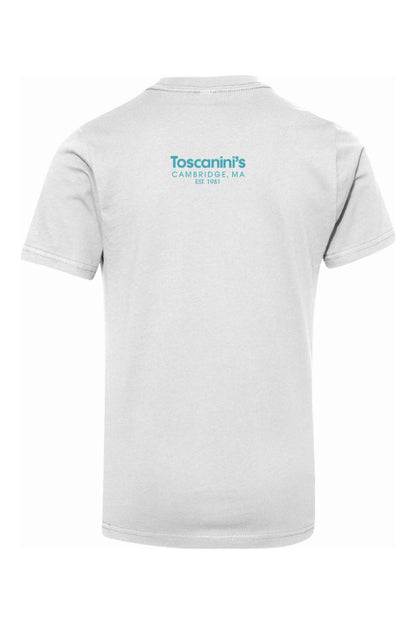 White youth cotton t-shirt featuring the blue Toscanini's Cambridge logo on the back.