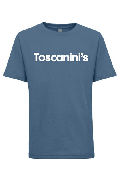 Blue youth 100% cotton t-shirt featuring the white Toscanini's logo printed across the chest.