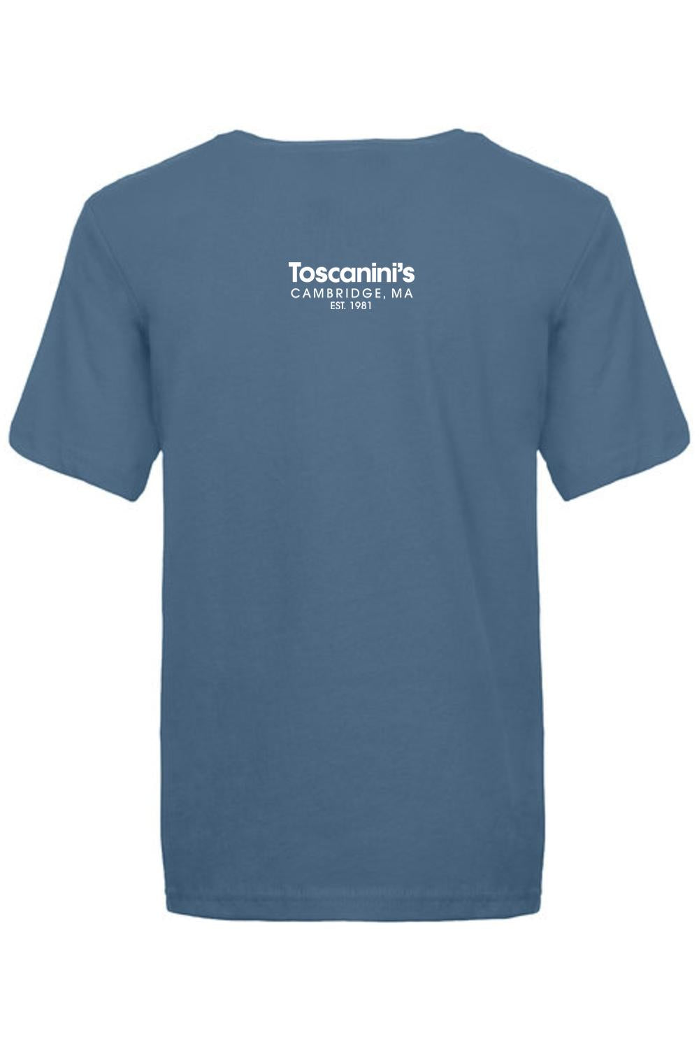 Blue 100% cotton youth t-shirt featuring a white Toscanini's Cambridge logo on the center chest.