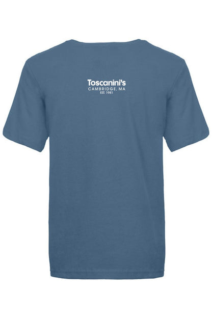 Blue 100% cotton youth t-shirt featuring a white Toscanini's Cambridge logo on the center chest.