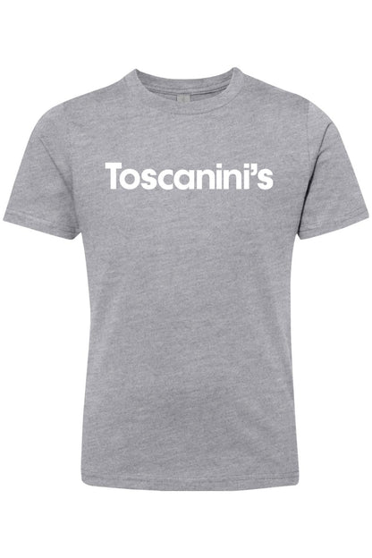 Grey heather 100% cotton youth t-shirt featuring the white Toscanini's logo printed on the chest.