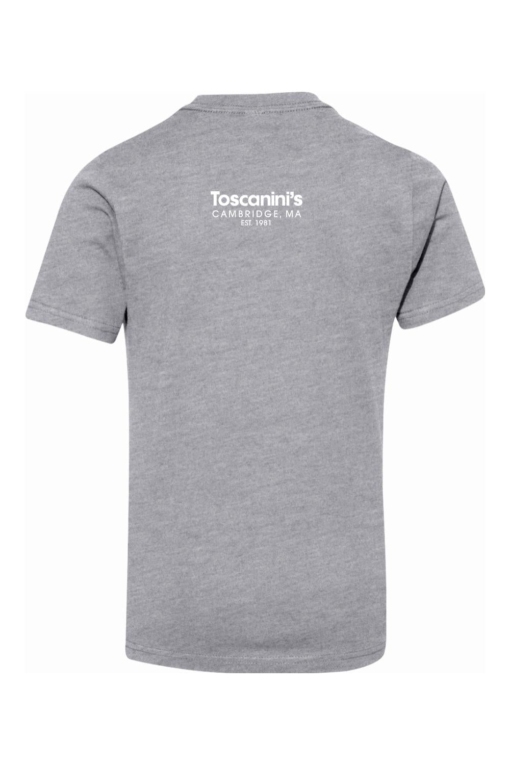 Grey youth cotton t-shirt featuring the white Toscanini's Cambridge, MA logo on the back.