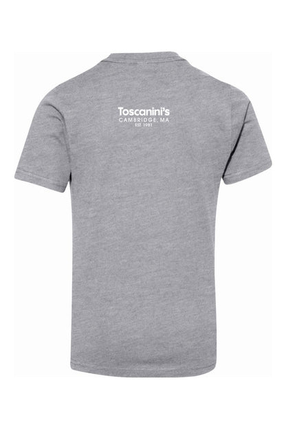 Grey youth cotton t-shirt featuring the white Toscanini's Cambridge, MA logo on the back.