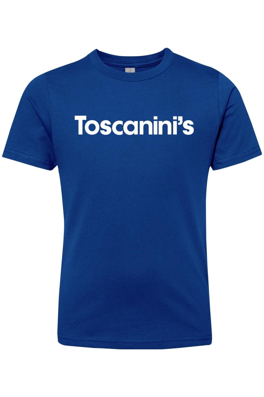 Royal blue youth T-shirt made of 100% cotton featuring the white Toscanini's logo printed on the chest.