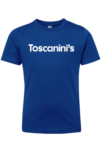 Royal blue youth T-shirt made of 100% cotton featuring the white Toscanini's logo printed on the chest.